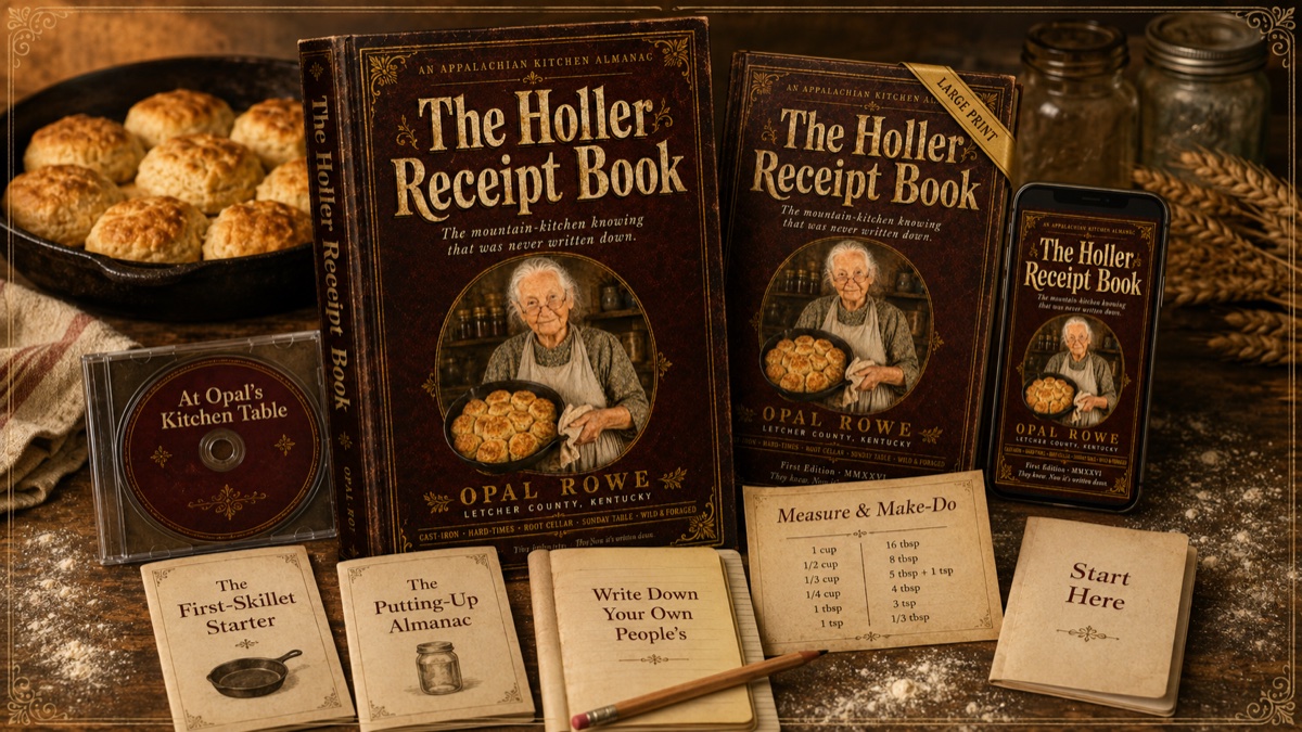The Holler Receipt Book and everything that comes with it — the hardcover, the large-print edition, the phone edition, Opal's kitchen-table audio, the First-Skillet Starter, the Putting-Up Almanac, the Measure & Make-Do card, and the Write-Down-Your-Own-People's pages